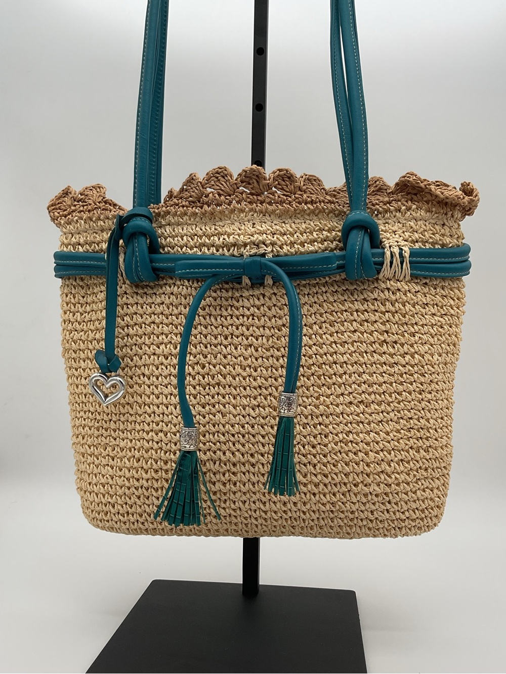 Brighton Straw Bucket Bag with Teal Trim